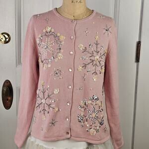 Vtg Y2Kpink beaded snowflake cardigan cottage grandma glitz Large sweater